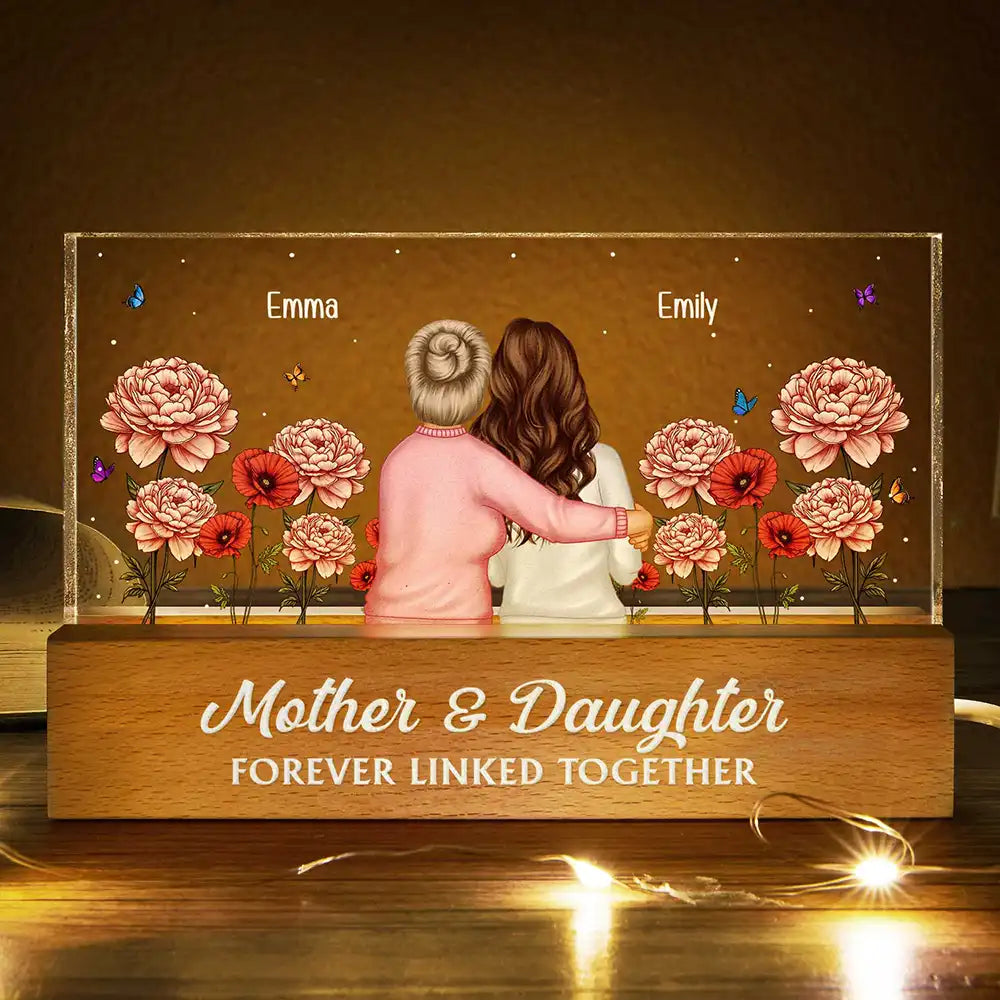 Gift For Mother, Mom - Daughters (Adult), Love, Gift For Daughter - Mother & Daughter Forever Linked Together Birth Flower Garden - Personalized Rectangle LED Light