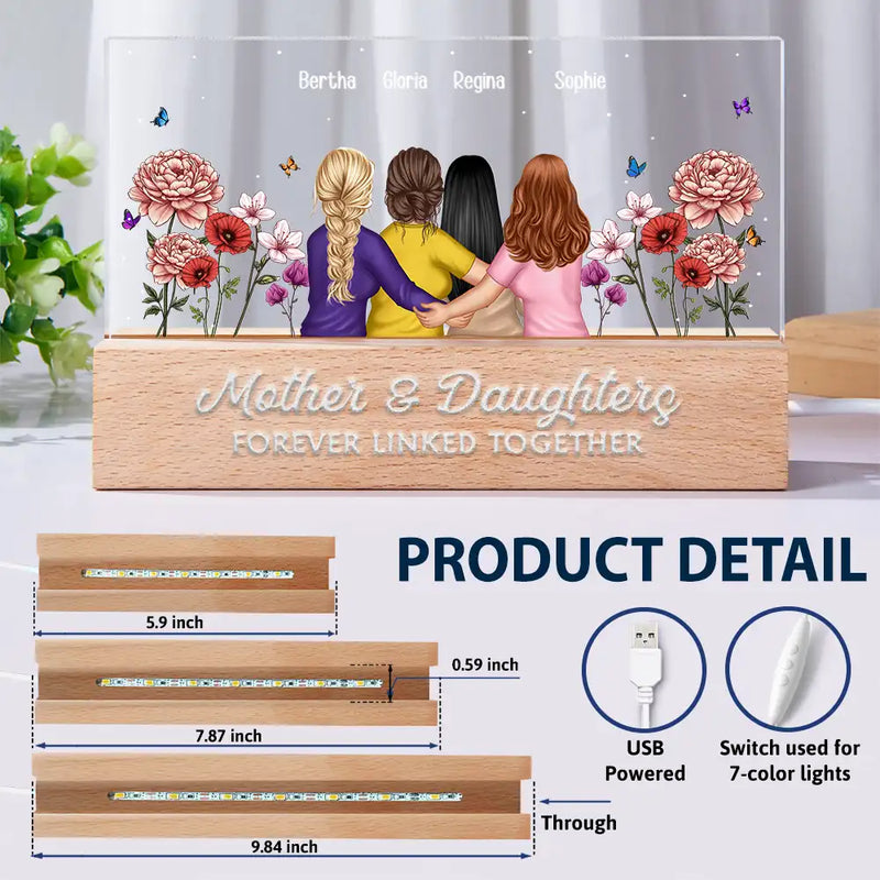 Gift For Mother, Mom - Daughters (Adult), Love, Gift For Daughter - Mother & Daughter Forever Linked Together Birth Flower Garden - Personalized Rectangle LED Light