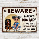Dog Lovers,Dog Mom,Pet Lovers - Beware A Crazy Dog Lady And Her Dogs Live Here - Personalized Classic Metal Signs
