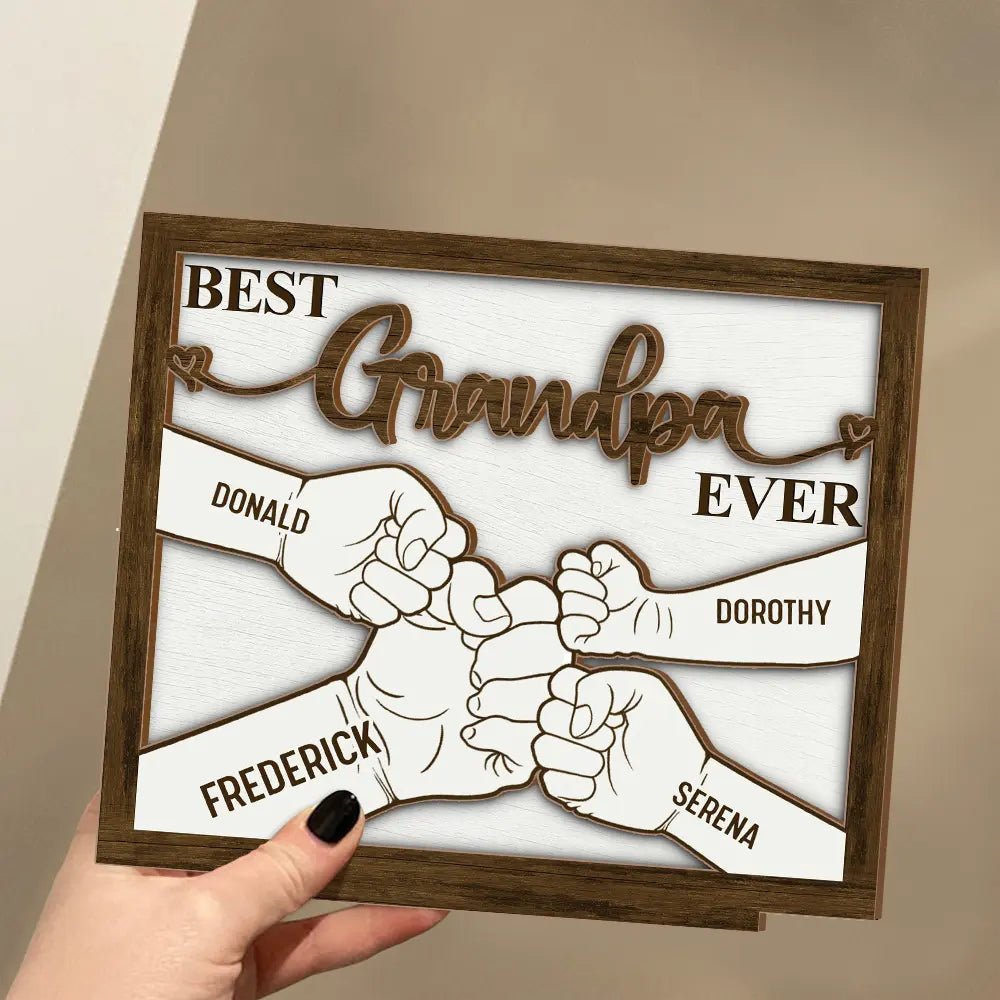 Gift For Father,Gift For Grandpa - Hand Punch Best Dad Grandpa Ever - Personalized Custom Shaped 2-Layered Wooden Plaque