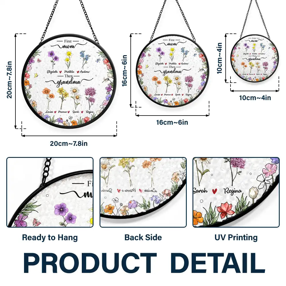 First Mom Now Grandma Birth Flower - Personalized Stained Glass Window Hanging Suncatcher