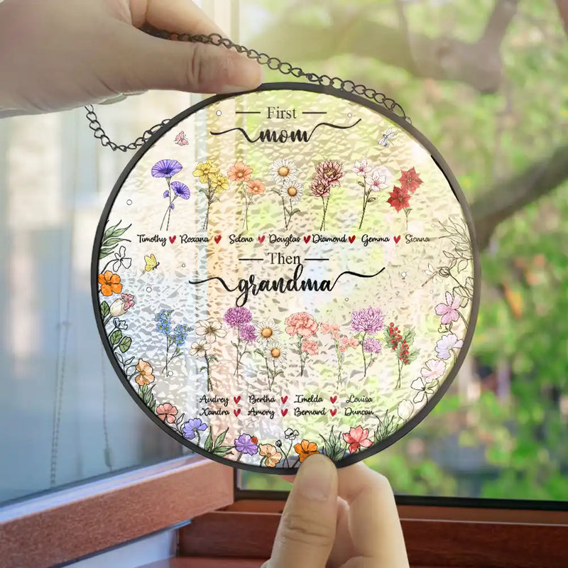 First Mom Now Grandma Birth Flower - Personalized Stained Glass Window Hanging Suncatcher
