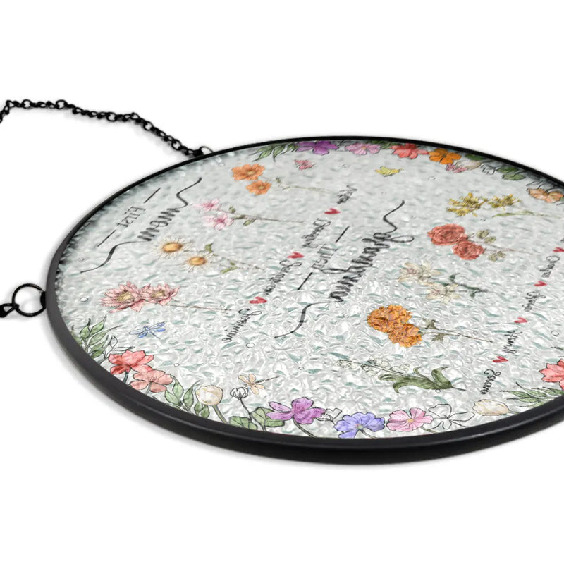 First Mom Now Grandma Birth Flower - Personalized Stained Glass Window Hanging Suncatcher
