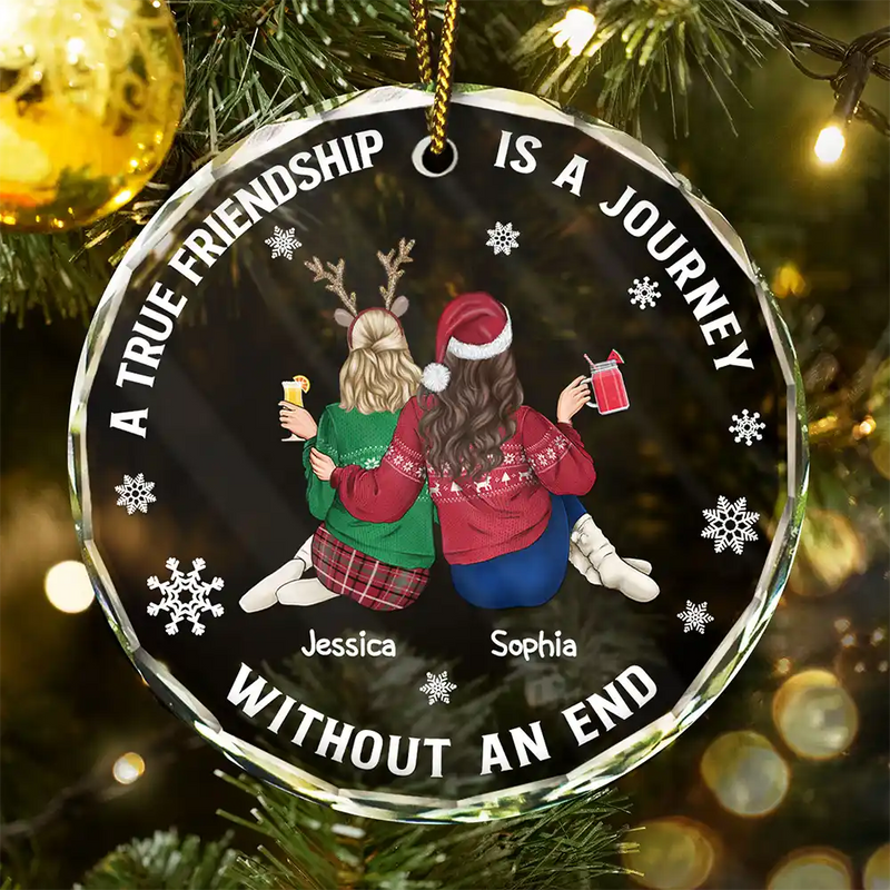 Gift For Bestie,Gift For Sisters,Gift For Women,Gifts For Colleagues,Happy,Christmas - Bestie A True Friendship Is A Journey Without An End - Personalized Circle Glass Ornament