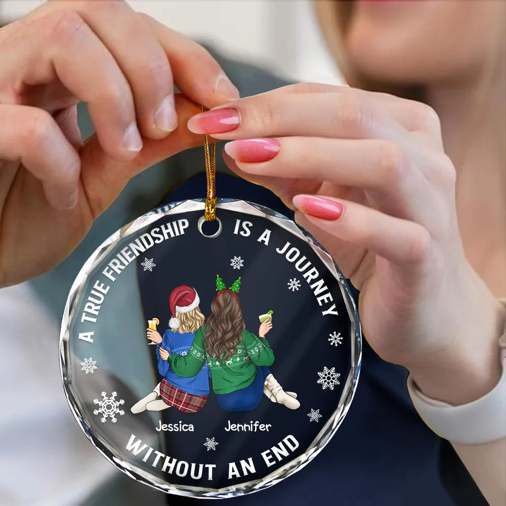 Gift For Bestie,Gift For Sisters,Gift For Women,Gifts For Colleagues,Happy,Christmas - Bestie A True Friendship Is A Journey Without An End - Personalized Circle Glass Ornament