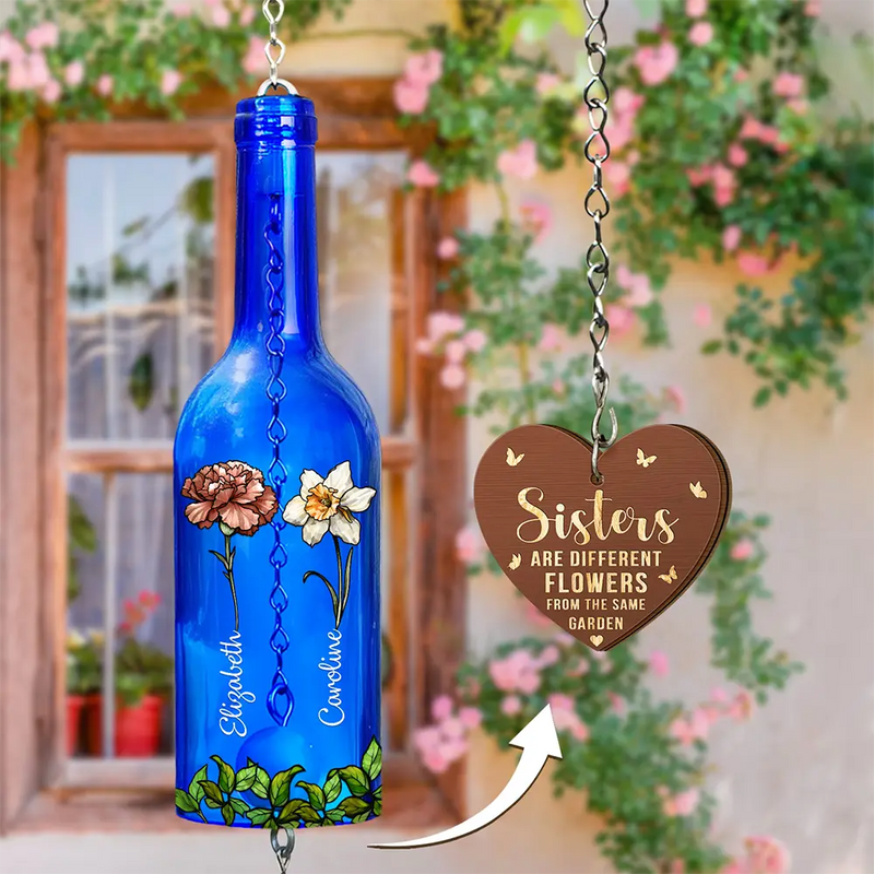 Gift For Bestie,Gift For Sisters,Happy - Sisters Different Flowers From The Same Garden - Personalized Wine Bottle Wind Chime