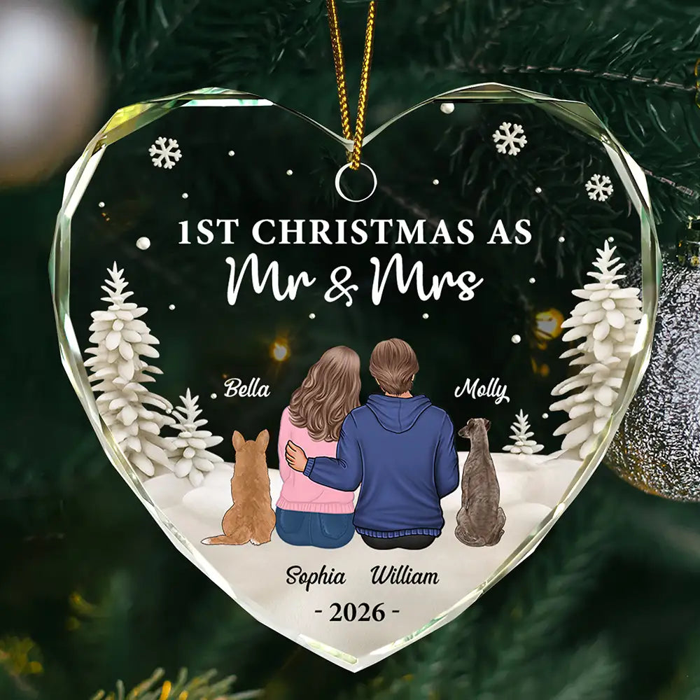 First Christmas As Mr & Mrs Dog Cat - Personalized Heart Shaped Glass Ornament