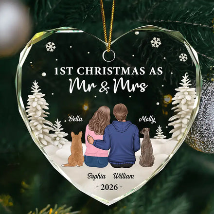 First Christmas As Mr & Mrs Dog Cat - Personalized Heart Shaped Glass Ornament