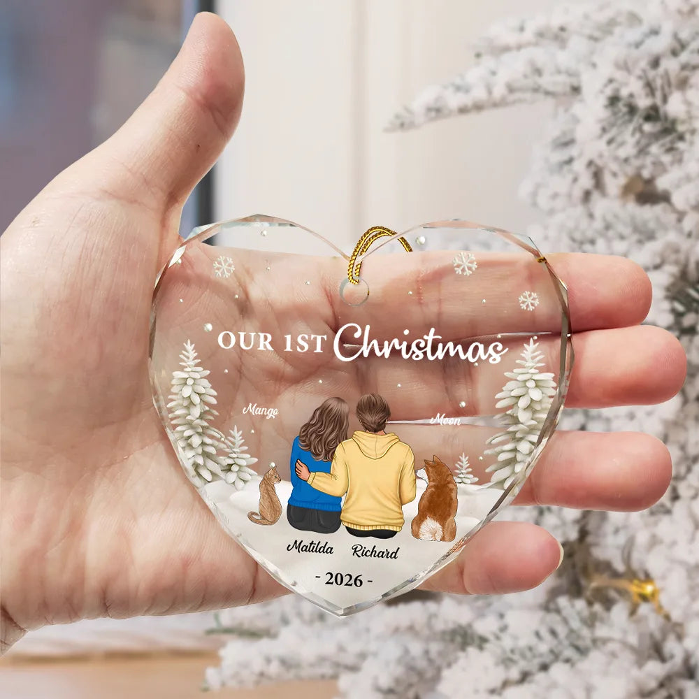 First Christmas As Mr & Mrs Dog Cat - Personalized Heart Shaped Glass Ornament