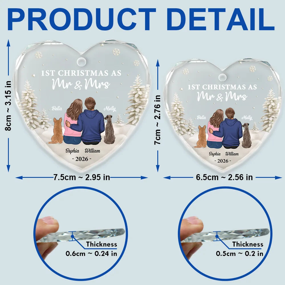 First Christmas As Mr & Mrs Dog Cat - Personalized Heart Shaped Glass Ornament