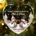 First Christmas As Mr & Mrs Snowman - Personalized Heart Shaped Glass Ornament