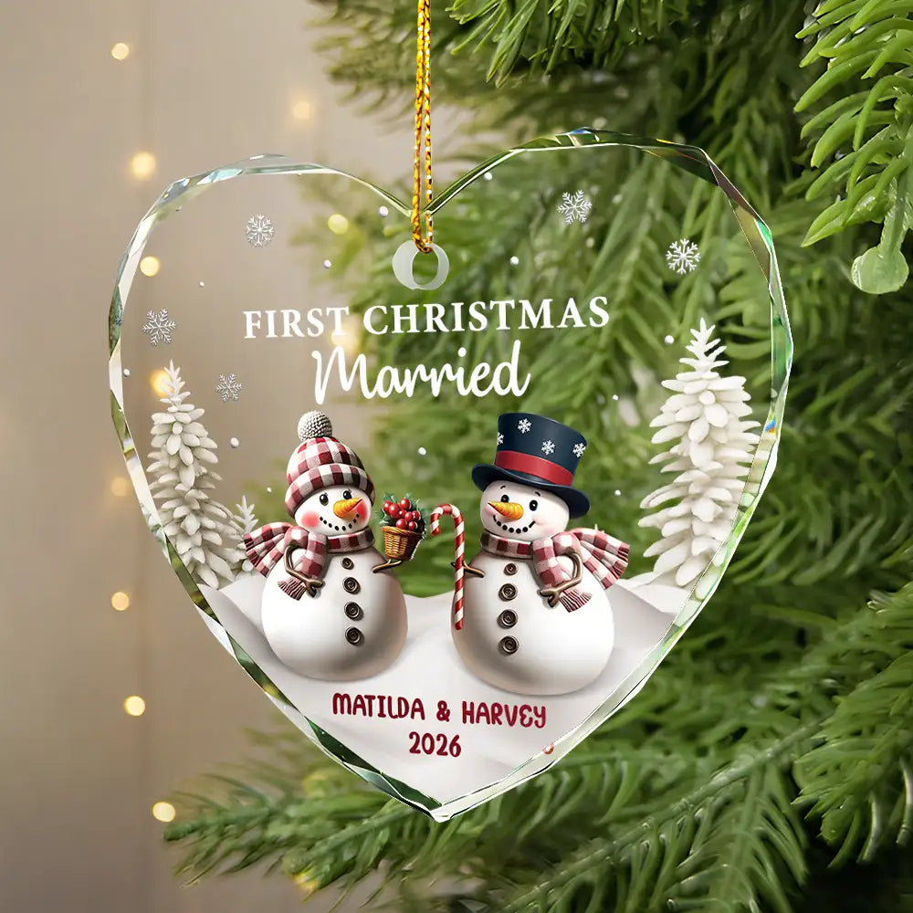 First Christmas As Mr & Mrs Snowman - Personalized Heart Shaped Glass Ornament