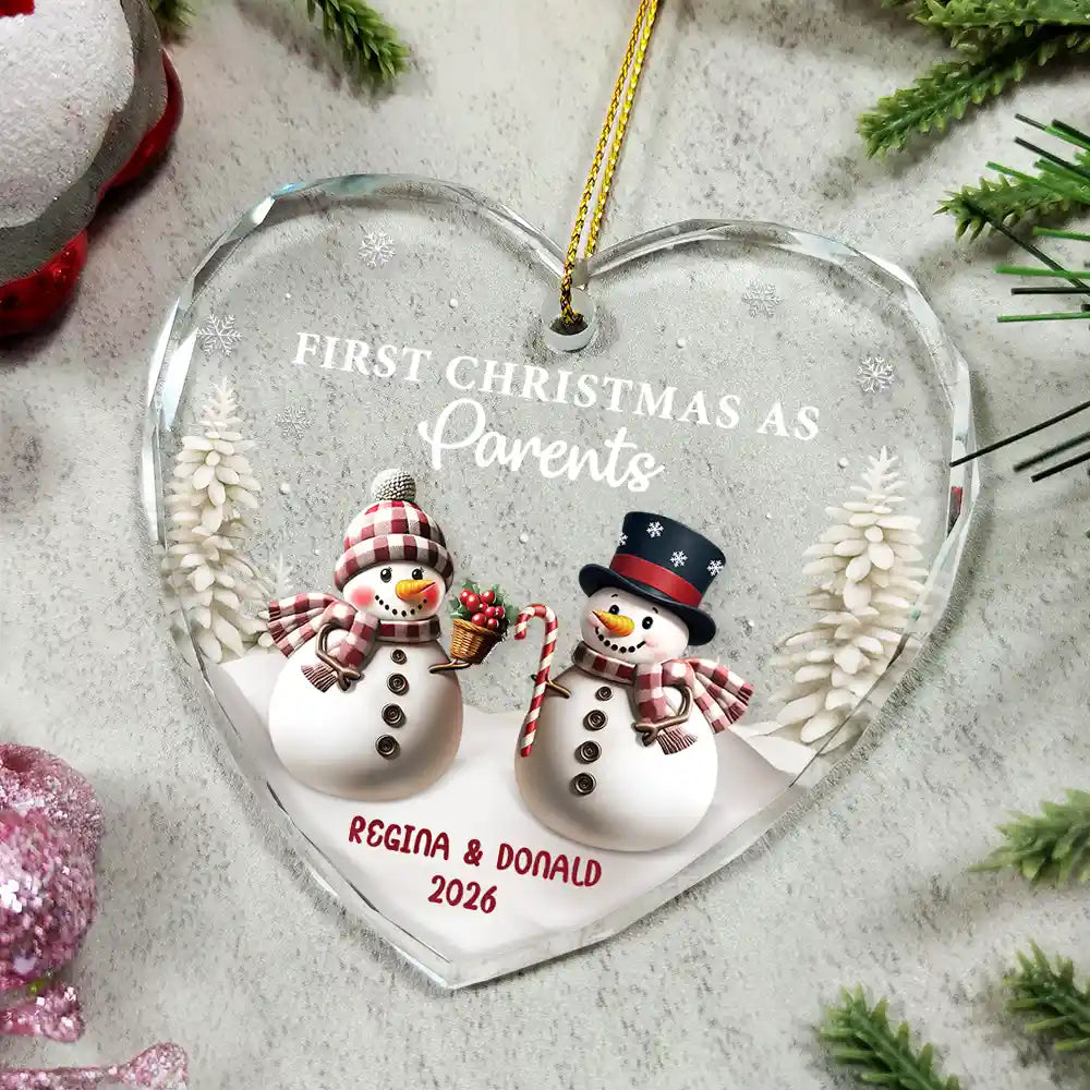 First Christmas As Mr & Mrs Snowman - Personalized Heart Shaped Glass Ornament