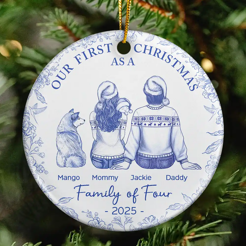 Christmas,Family,Dog Lovers,Cat Lovers,Pet Lovers,Parents,Happy,New Dad,New baby,New Mom - First Christmas As A Family Of Three New Parents Toile - Personalized Circle Ceramic Ornament