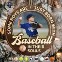 Gift For Kids,Gift For Grandkids,Custom Photo,Gift For Yourself,Happy,Christmas,Top Market - Custom Photo Born With Baseball In Their Souls - Personalized 2-Layered Wooden Ornament