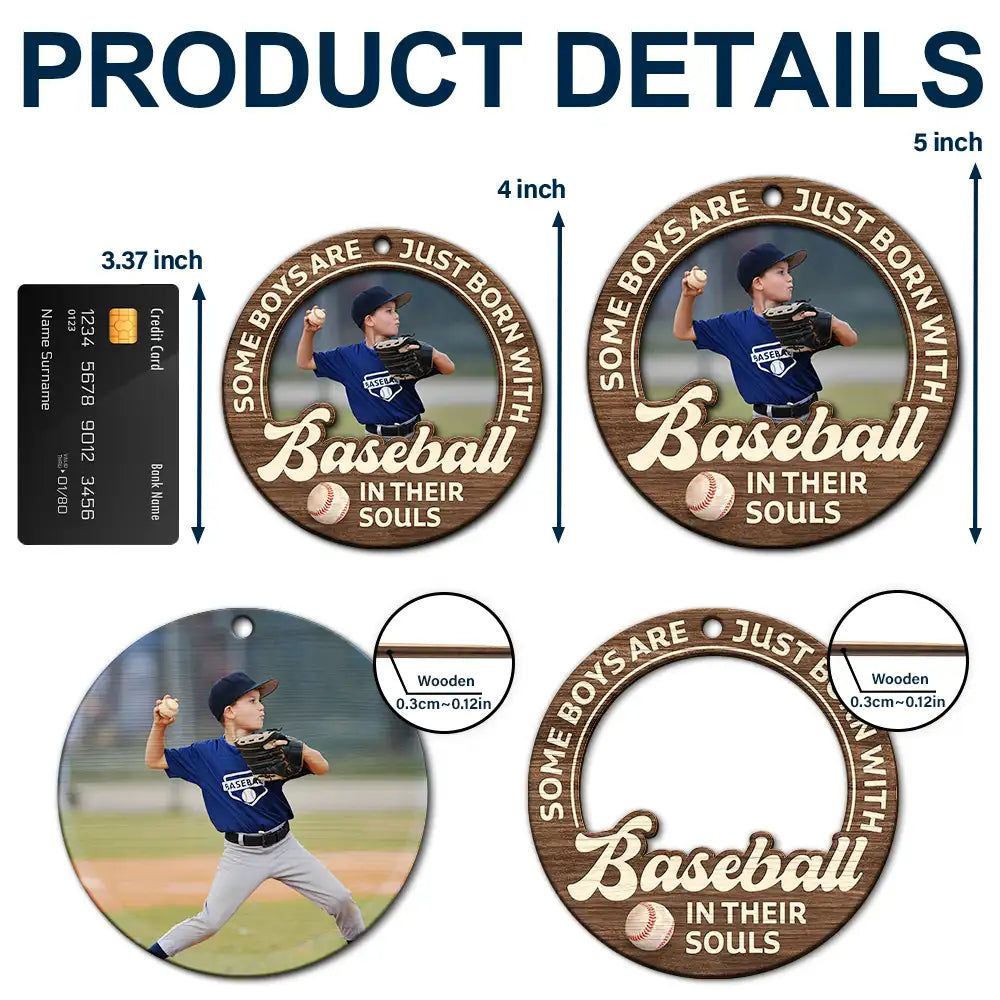 Gift For Kids,Gift For Grandkids,Custom Photo,Gift For Yourself,Happy,Christmas,Top Market - Custom Photo Born With Baseball In Their Souls - Personalized 2-Layered Wooden Ornament