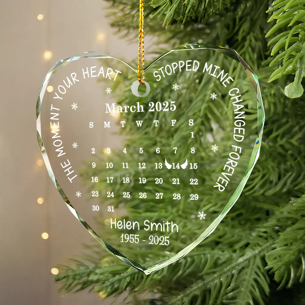 Memorial,Family,Parents,Gift For Grandparents,Sad,Christmas,Custom Photo - Calendar The Moment Your Heart Stopped Memorial - Personalized Heart Shaped Glass Ornament