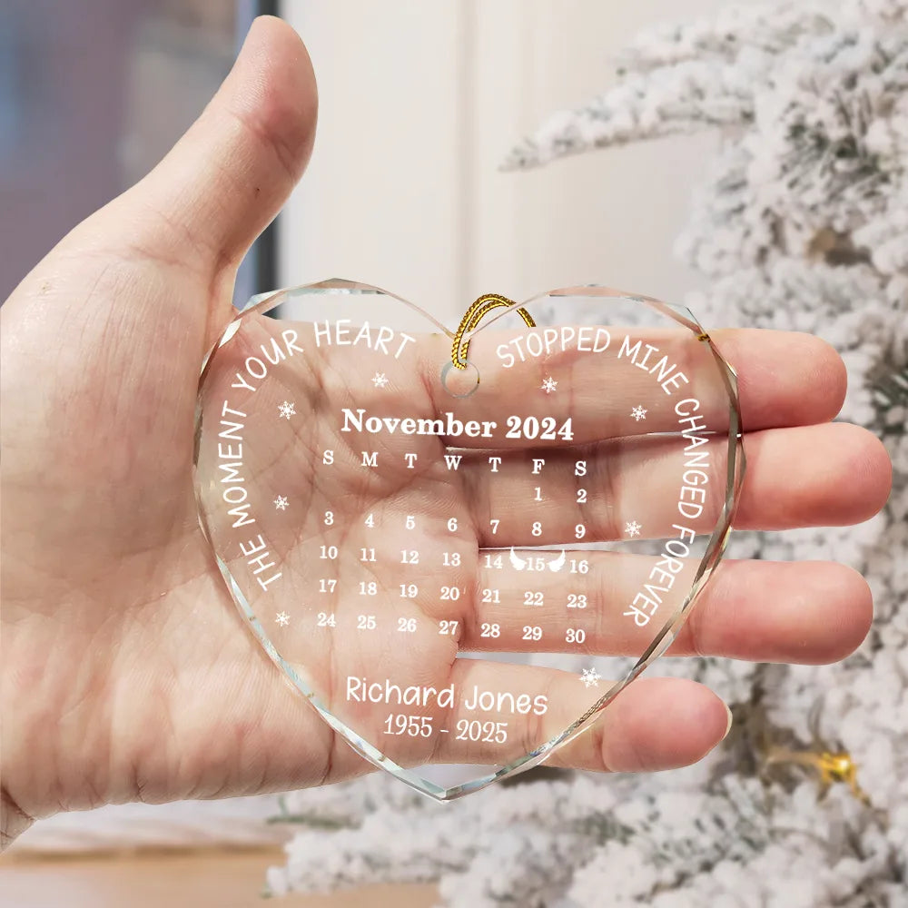 Memorial,Family,Parents,Gift For Grandparents,Sad,Christmas,Custom Photo - Calendar The Moment Your Heart Stopped Memorial - Personalized Heart Shaped Glass Ornament