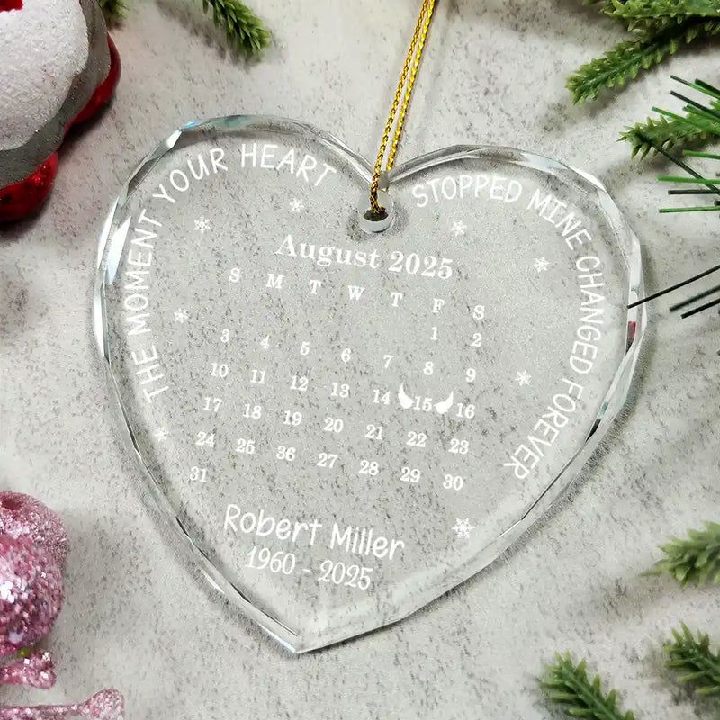 Memorial,Family,Parents,Gift For Grandparents,Sad,Christmas,Custom Photo - Calendar The Moment Your Heart Stopped Memorial - Personalized Heart Shaped Glass Ornament