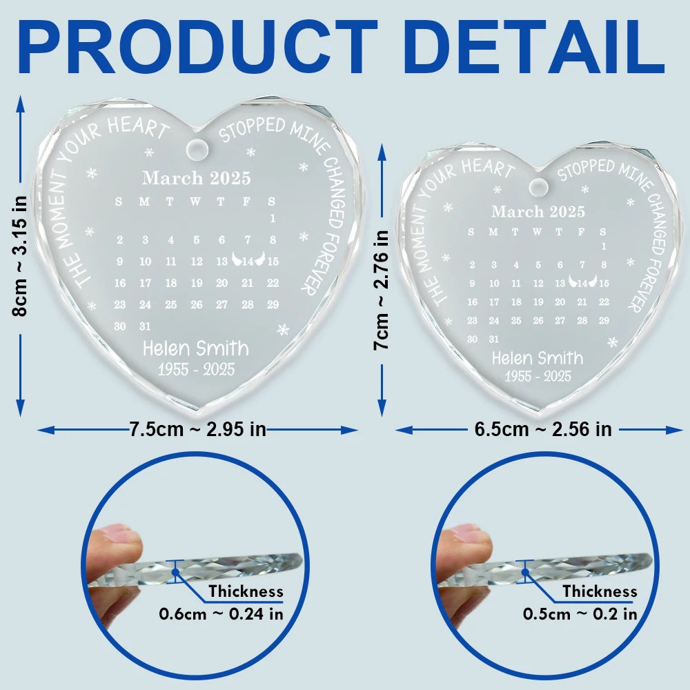 Memorial,Family,Parents,Gift For Grandparents,Sad,Christmas,Custom Photo - Calendar The Moment Your Heart Stopped Memorial - Personalized Heart Shaped Glass Ornament