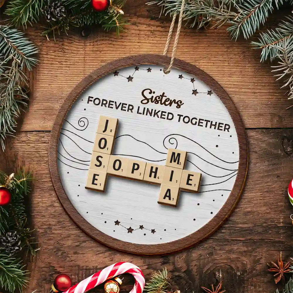 Gift For Sibling,Gift For Brothers,Gift For Sisters,Gift For Women,Gift For Men,Happy,Christmas - Crossword Brothers And Sisters Forever Linked Together - Personalized 2-Layered Wooden Ornament