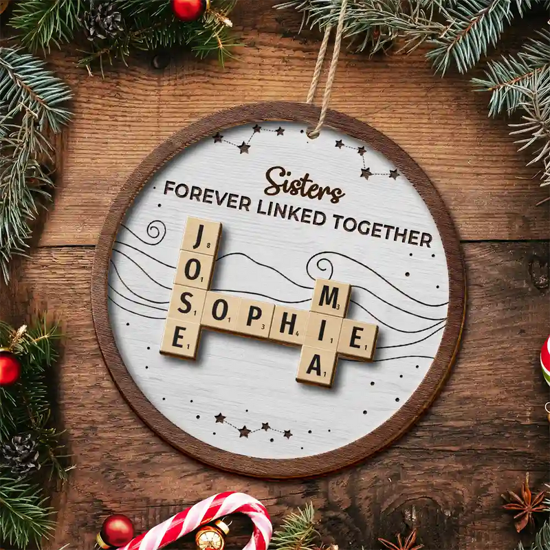 Gift For Sibling,Gift For Brothers,Gift For Sisters,Gift For Women,Gift For Men,Happy,Christmas - Crossword Brothers And Sisters Forever Linked Together - Personalized 2-Layered Wooden Ornament