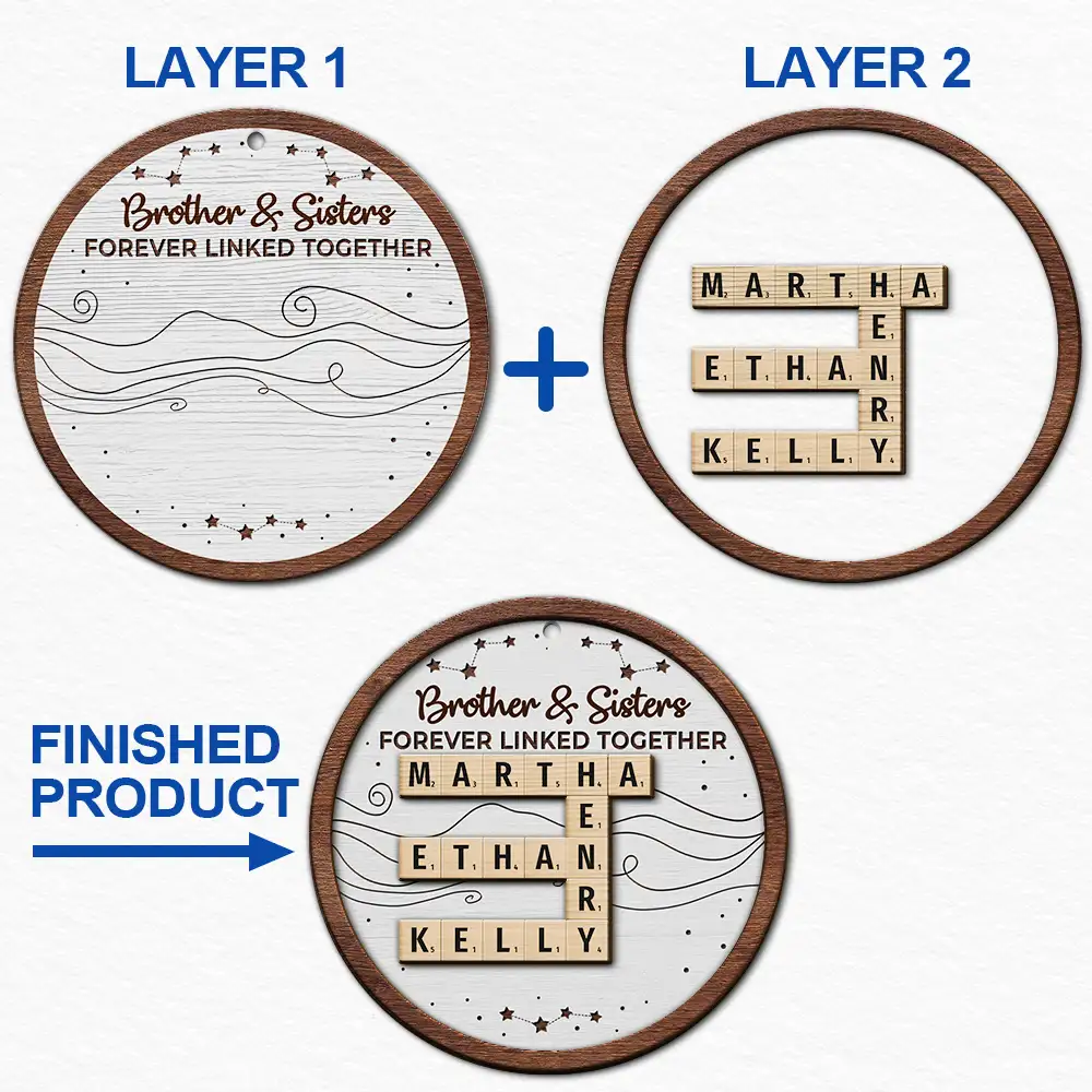 Gift For Sibling,Gift For Brothers,Gift For Sisters,Gift For Women,Gift For Men,Happy,Christmas - Crossword Brothers And Sisters Forever Linked Together - Personalized 2-Layered Wooden Ornament