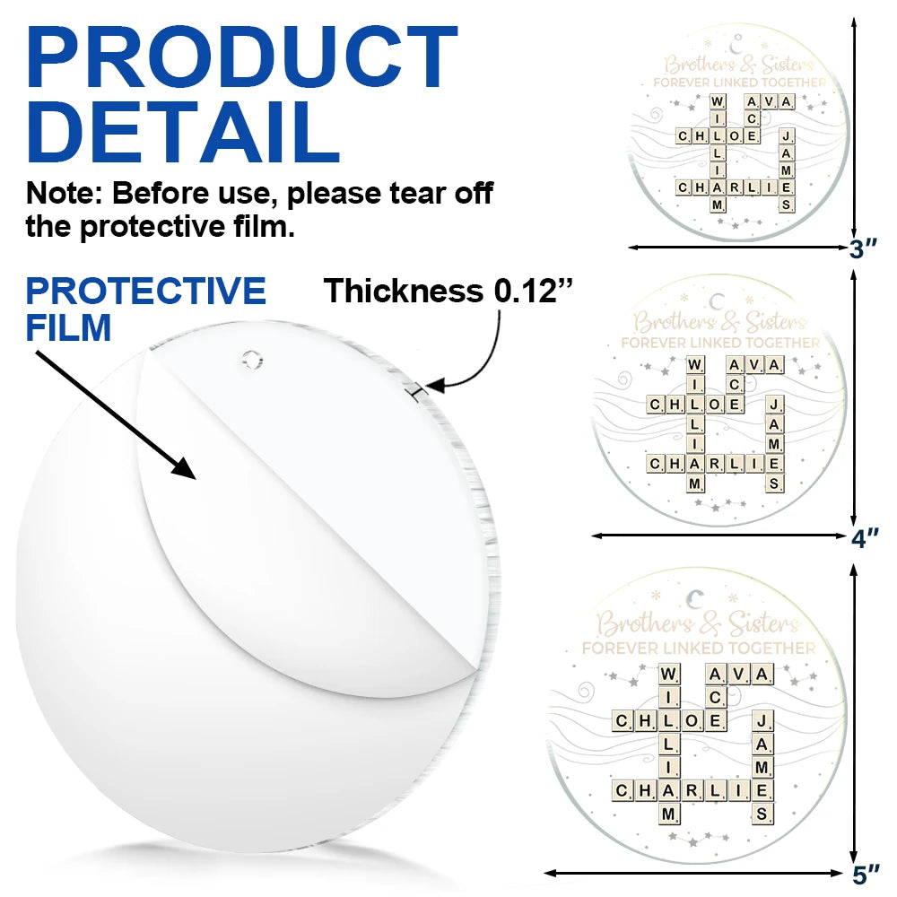 Gift For Sibling,Gift For Sisters,Gift For Brothers,Christmas,Happy - Crossword Brothers & Sisters Forever Linked Together - Personalized Circle Acrylic Ornament