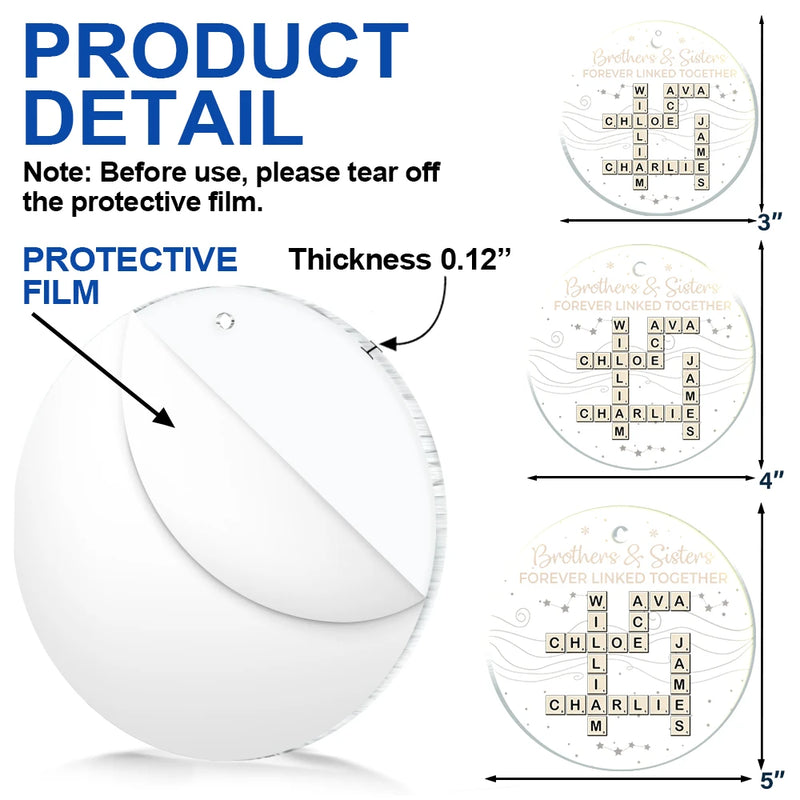 Gift For Sibling,Gift For Sisters,Gift For Brothers,Christmas,Happy - Crossword Brothers & Sisters Forever Linked Together - Personalized Circle Acrylic Ornament