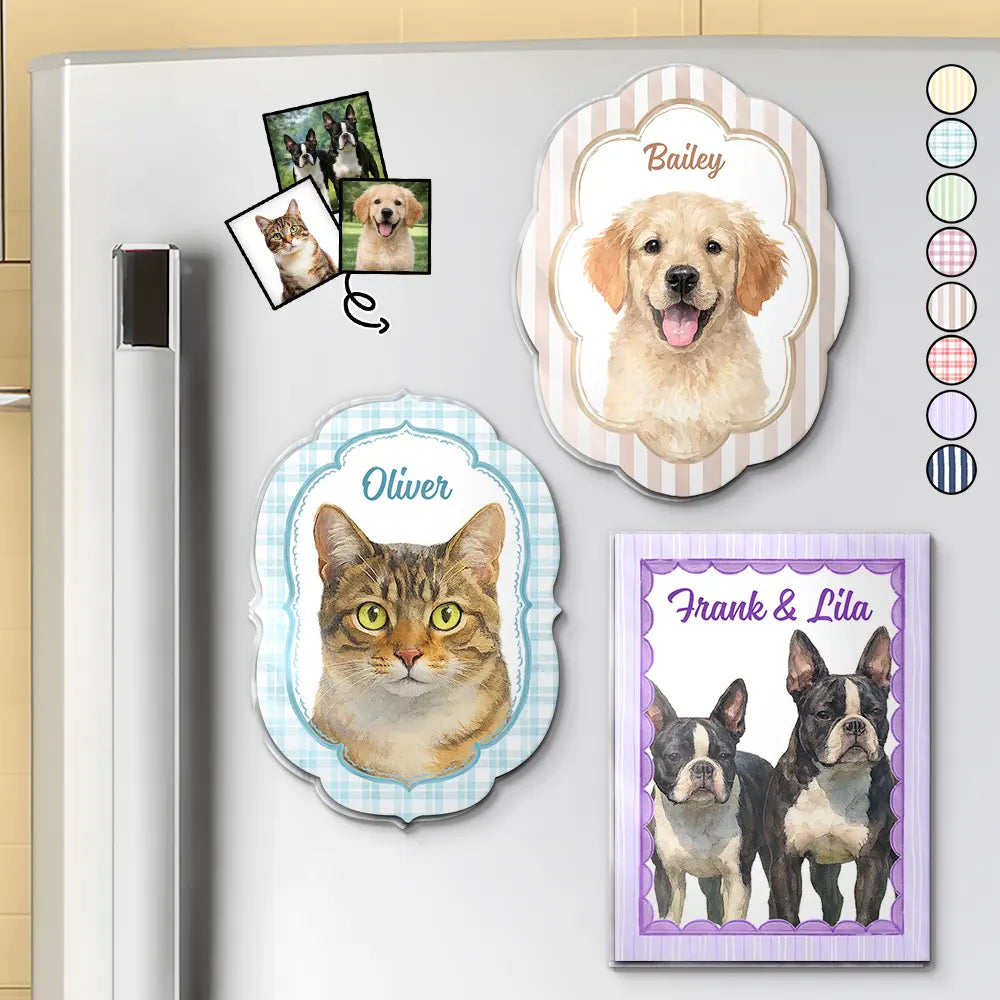Dog Lovers,Cat Lovers,Pet Lovers,Happy,Family,Non-Eng,Photo - Watercolor (remove BG) - Custom Photo Realistic Watercolor Art Dog Cat Pet Baby Portrait Vintage - Personalized Acrylic Fridge Magnet