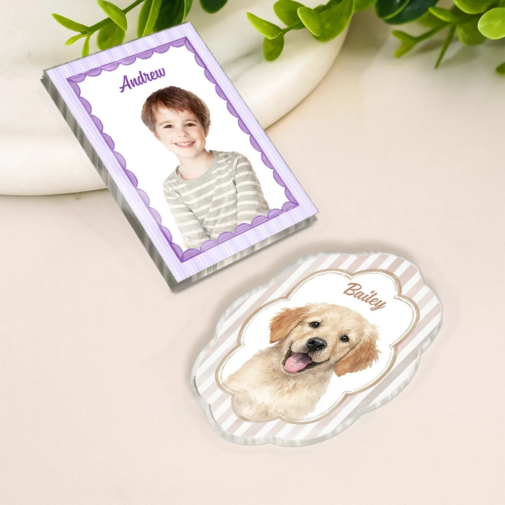 Dog Lovers,Cat Lovers,Pet Lovers,Happy,Family,Non-Eng,Photo - Watercolor (remove BG) - Custom Photo Realistic Watercolor Art Dog Cat Pet Baby Portrait Vintage - Personalized Acrylic Fridge Magnet