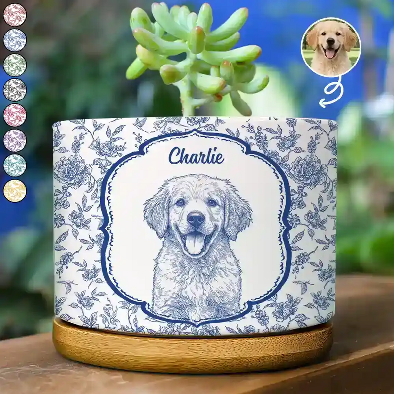 Dog Lovers,Pet Lovers,Cat Lovers,Happy,Non-Eng,Photo - Pencil Sketch - Custom Photo Pencil Sketch Dog Cat Pet Portrait Toile - Personalized Ceramic Plant Pot