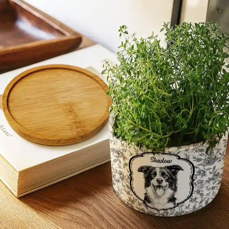 Dog Lovers,Pet Lovers,Cat Lovers,Happy,Non-Eng,Photo - Pencil Sketch - Custom Photo Pencil Sketch Dog Cat Pet Portrait Toile - Personalized Ceramic Plant Pot