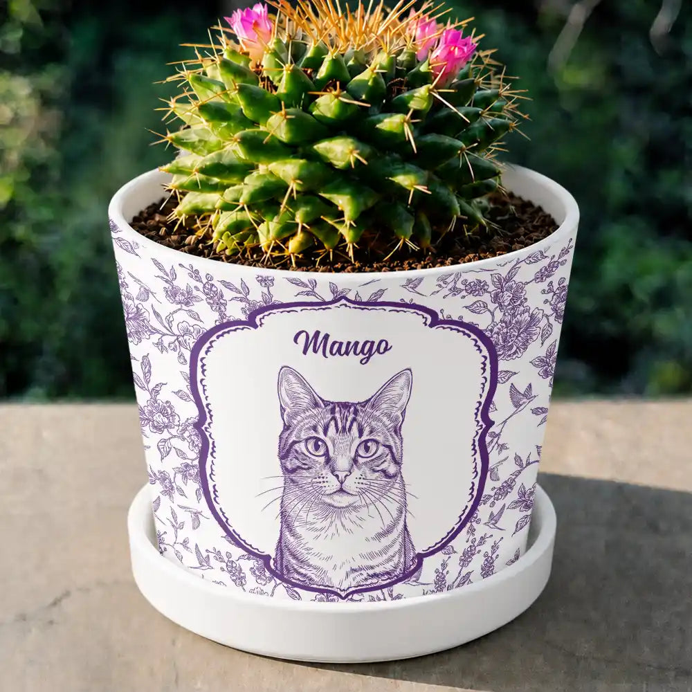 Dog Lovers,Pet Lovers,Cat Lovers,Happy,Non-Eng,Photo - Pencil Sketch - Custom Photo Pencil Sketch Dog Cat Pet Portrait Toile - Personalized Ceramic Plant Pot