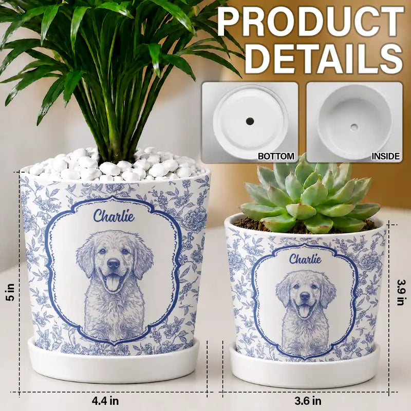 Dog Lovers,Pet Lovers,Cat Lovers,Happy,Non-Eng,Photo - Pencil Sketch - Custom Photo Pencil Sketch Dog Cat Pet Portrait Toile - Personalized Ceramic Plant Pot