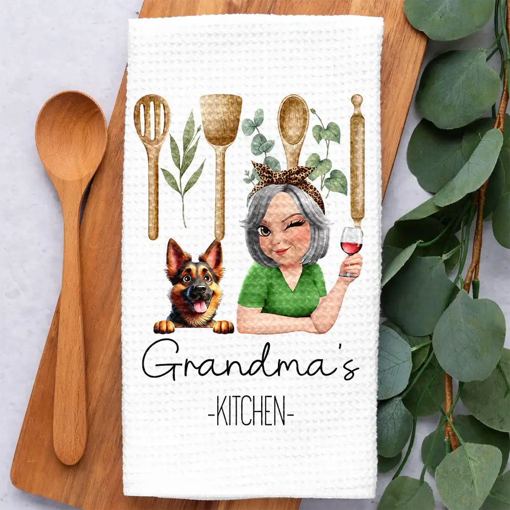 Gift For Wife,Gift For Yourself,Gift For Women,Gift For Mother,Gift For Aunt,Gift For Grandma,Happy,Cooking,Baking,Non-Eng,Vector - Mom Grandma Kitchen Dog Cat - Personalized Kitchen Towel