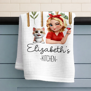 Gift For Wife,Gift For Yourself,Gift For Women,Gift For Mother,Gift For Aunt,Gift For Grandma,Happy,Cooking,Baking,Non-Eng,Vector - Mom Grandma Kitchen Dog Cat - Personalized Kitchen Towel