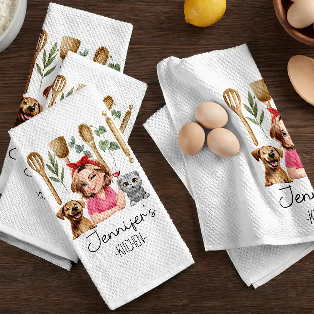 Gift For Wife,Gift For Yourself,Gift For Women,Gift For Mother,Gift For Aunt,Gift For Grandma,Happy,Cooking,Baking,Non-Eng,Vector - Mom Grandma Kitchen Dog Cat - Personalized Kitchen Towel
