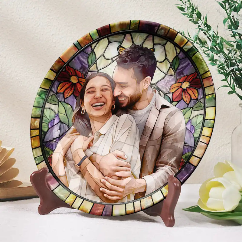 Gift For Wife,Gift For Mother,Gift For Grandma,Family,Non-Eng,Photo - Stained Glass,Cozy - Custom Photo Stained Glass Mom Grandma Parents Family Couple - Personalized Ceramic Plate