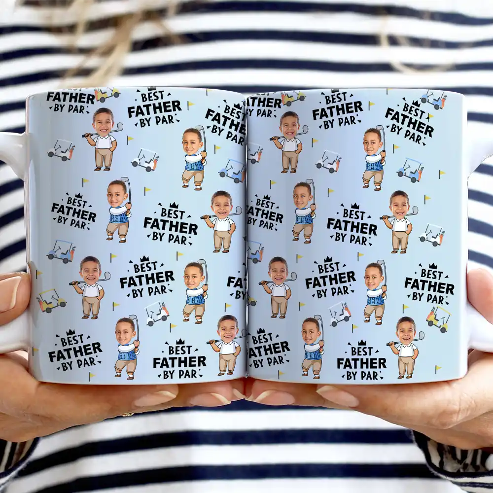 Gift For Husband,Gift For Yourself,Gift For Men,Gift For Father,Gift For Grandpa,Dad's Hobby,Grandpa's Hobby,Golf,Non-Eng,Photo,Humorous - Custom Photo Best Dad By Par Funny Kid - Personalized White Edge-to-Edge Mug