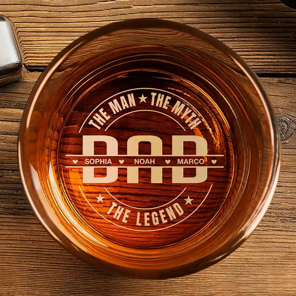 Dad The Man The Myth The Legend Custom Kid Name - Personalized Engraved Whiskey Glass