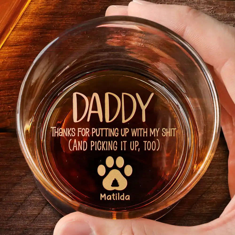 Pet Dad,Pet Lovers,Non-Eng,Icon,Humorous - Dog Cat Dad Thanks For Putting Up With Us - Personalized Engraved Whiskey Glass