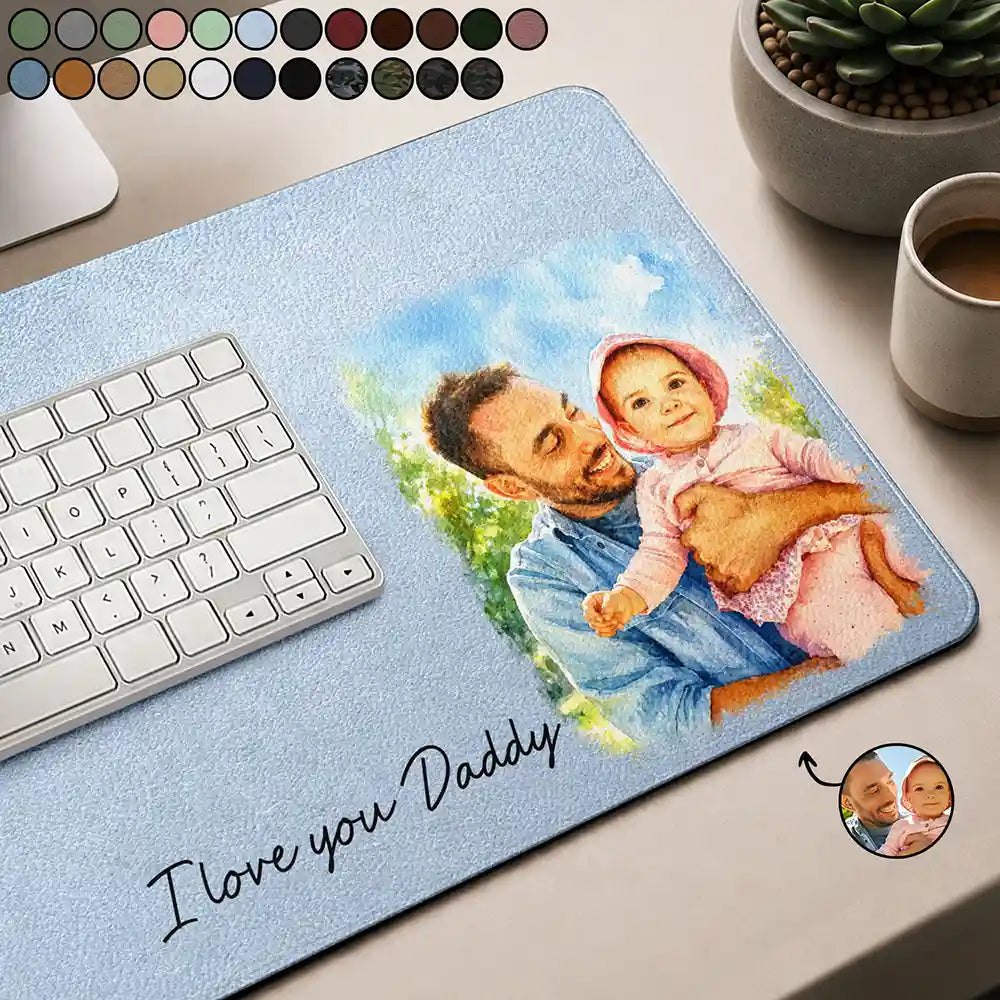 Custom Photo Watercolor Painting I Love You Daddy Grandpa Pet Dad - Personalized Leather Desk Mat