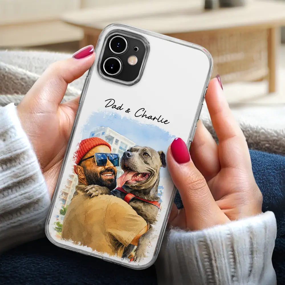 Gift For Husband,Gift For Yourself,Gift For Men,Gift For Father,Gift For Grandpa,Non-Eng,Photo - Watercolor (with BG),Cozy - Custom Photo Watercolor Painting I Love You Daddy Grandpa Pet Dad - Personalized Clear Phone Case
