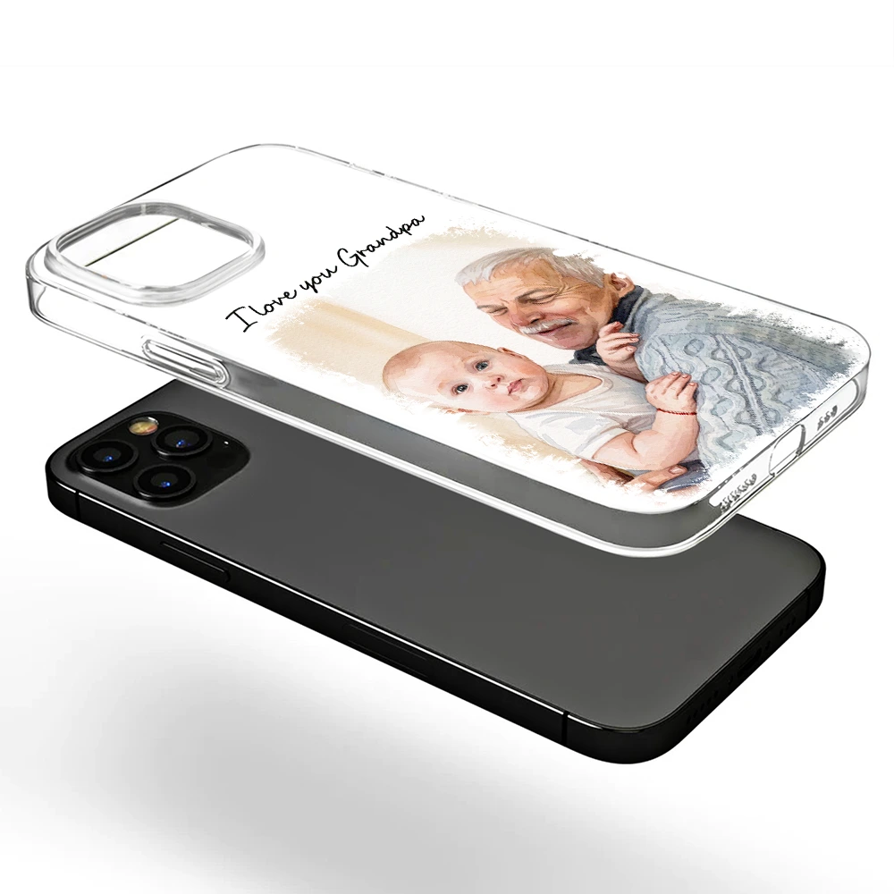 Gift For Husband,Gift For Yourself,Gift For Men,Gift For Father,Gift For Grandpa,Non-Eng,Photo - Watercolor (with BG),Cozy - Custom Photo Watercolor Painting I Love You Daddy Grandpa Pet Dad - Personalized Clear Phone Case