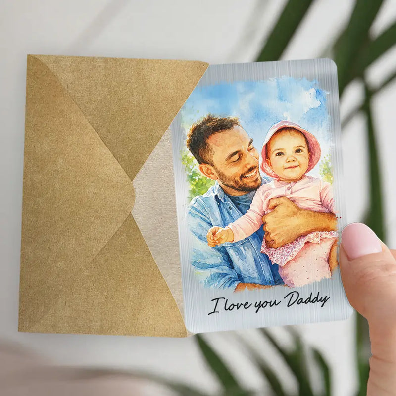 Gift For Husband,Gift For Yourself,Gift For Men,Gift For Father,Gift For Grandpa,Pet Dad,Non-Eng,Photo - Watercolor (with BG),Cozy - Custom Photo Watercolor Painting I Love You Daddy Grandpa Pet Dad - Personalized Aluminum Wallet Card
