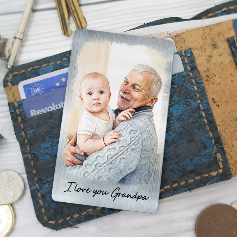 Gift For Husband,Gift For Yourself,Gift For Men,Gift For Father,Gift For Grandpa,Pet Dad,Non-Eng,Photo - Watercolor (with BG),Cozy - Custom Photo Watercolor Painting I Love You Daddy Grandpa Pet Dad - Personalized Aluminum Wallet Card