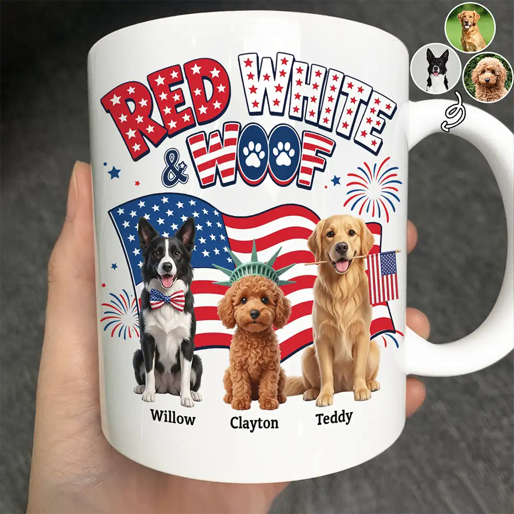 America 250th, Custom Photo, Independence Day, Art Design, Pet Lovers, Playful, Photo - US Theme Accessories 3D Cartoon - Custom Photo 3D Cartoon With US Accessories Red White Woof - Personalized Mug