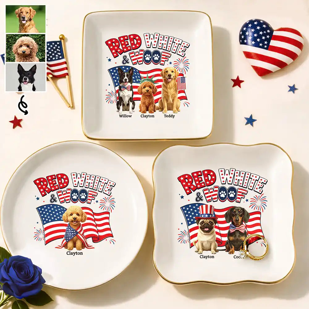 Custom Photo 3D Cartoon With US Accessories Red White Woof - Personalized Ring Dish