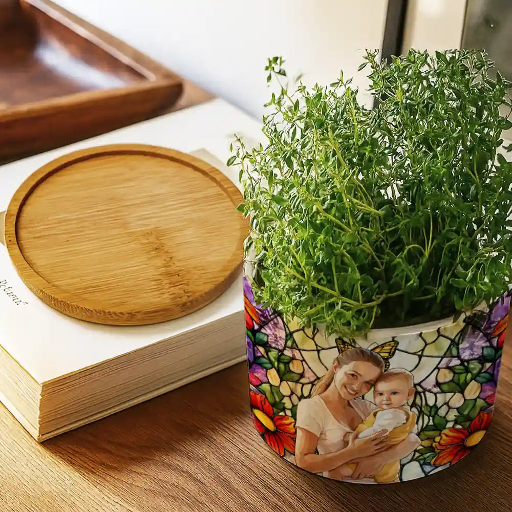 Custom Photo,Art Design,Gift For Grandma,Cozy,Photo - Stained Glass - Custom Photo Stained Glass Mom Grandma Parents Family Couple - Personalized Ceramic Plant Pot